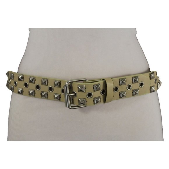 New Women Men Fashion Belt Beige Faux Leather Silver Metal Studs Size S M L XL - Picture 14 of 17